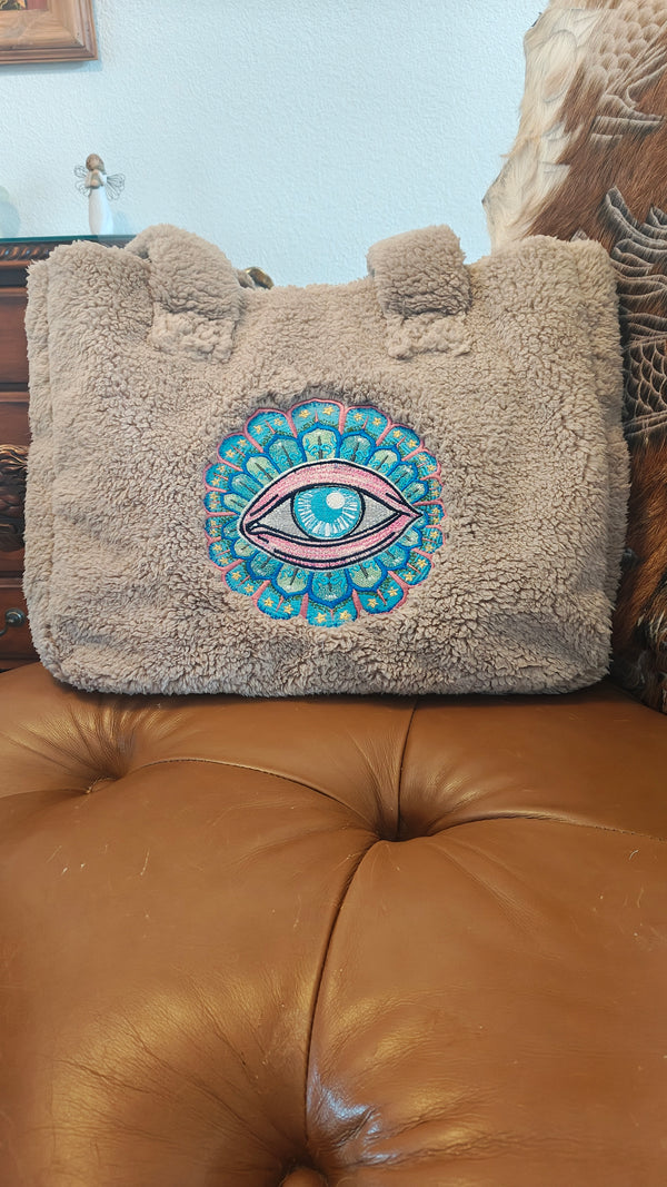 Mocha Sherpa Tote Bag with Embroidered Evil Eye Motif