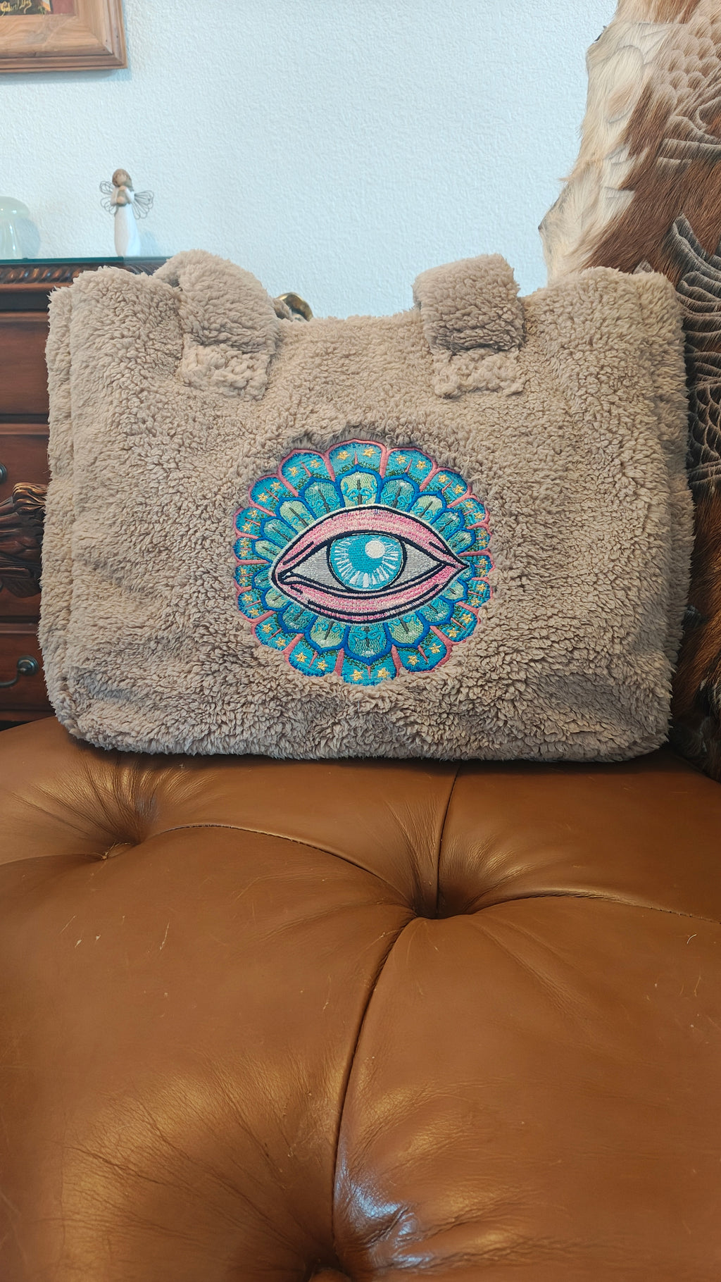 Mocha Sherpa Tote Bag with Embroidered Evil Eye Motif