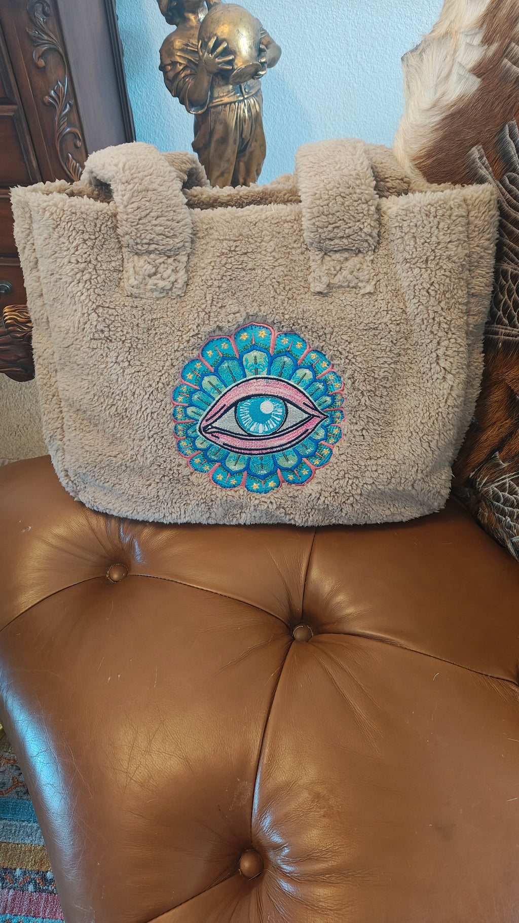 Mocha Sherpa Tote Bag with Embroidered Evil Eye Motif