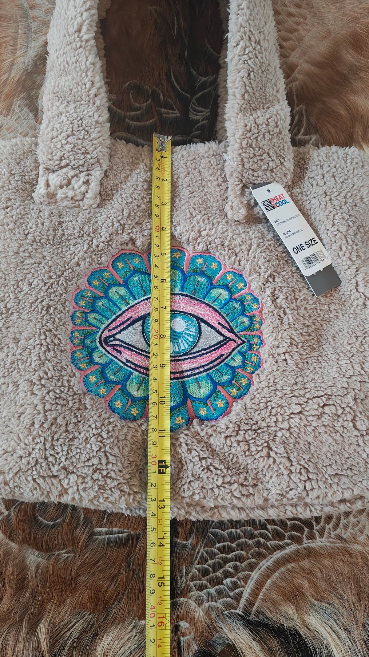 Mocha Sherpa Tote Bag with Embroidered Evil Eye Motif