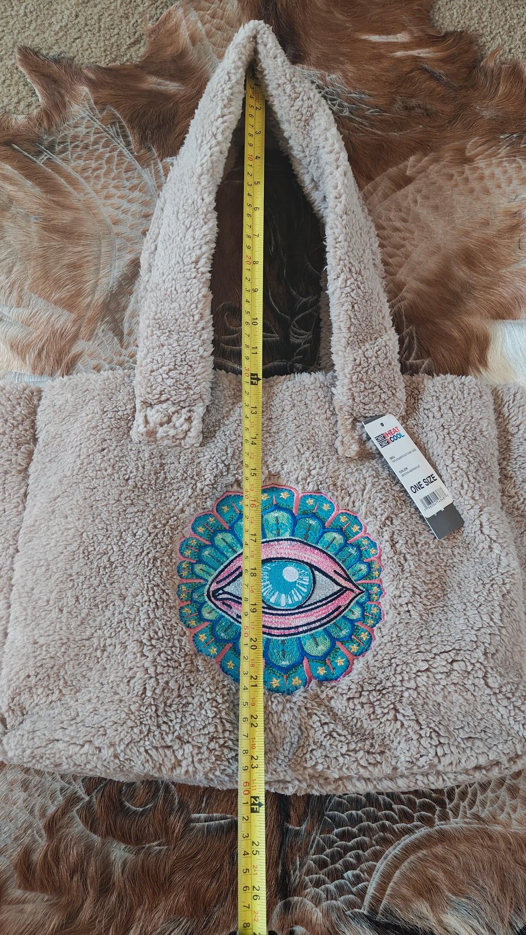 Mocha Sherpa Tote Bag with Embroidered Evil Eye Motif