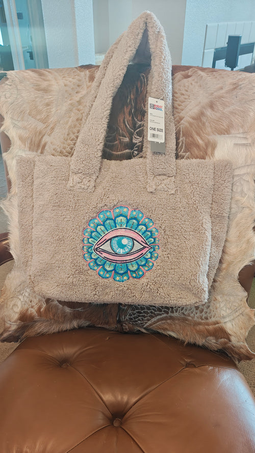 Mocha Sherpa Tote Bag with Embroidered Evil Eye Motif